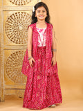 Pink bandhani  printed lehenga with mirror work top and bandhani long jacket