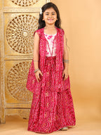 Pink bandhani  printed lehenga with mirror work top and bandhani long jacket