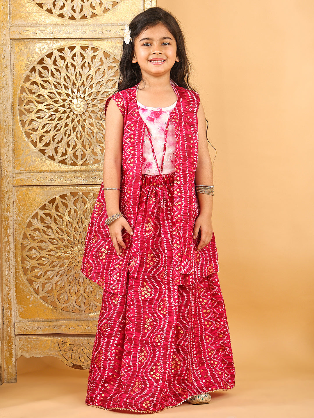 Pink bandhani  printed lehenga with mirror work top and bandhani long jacket