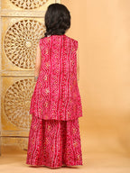 Pink bandhani  printed lehenga with mirror work top and bandhani long jacket