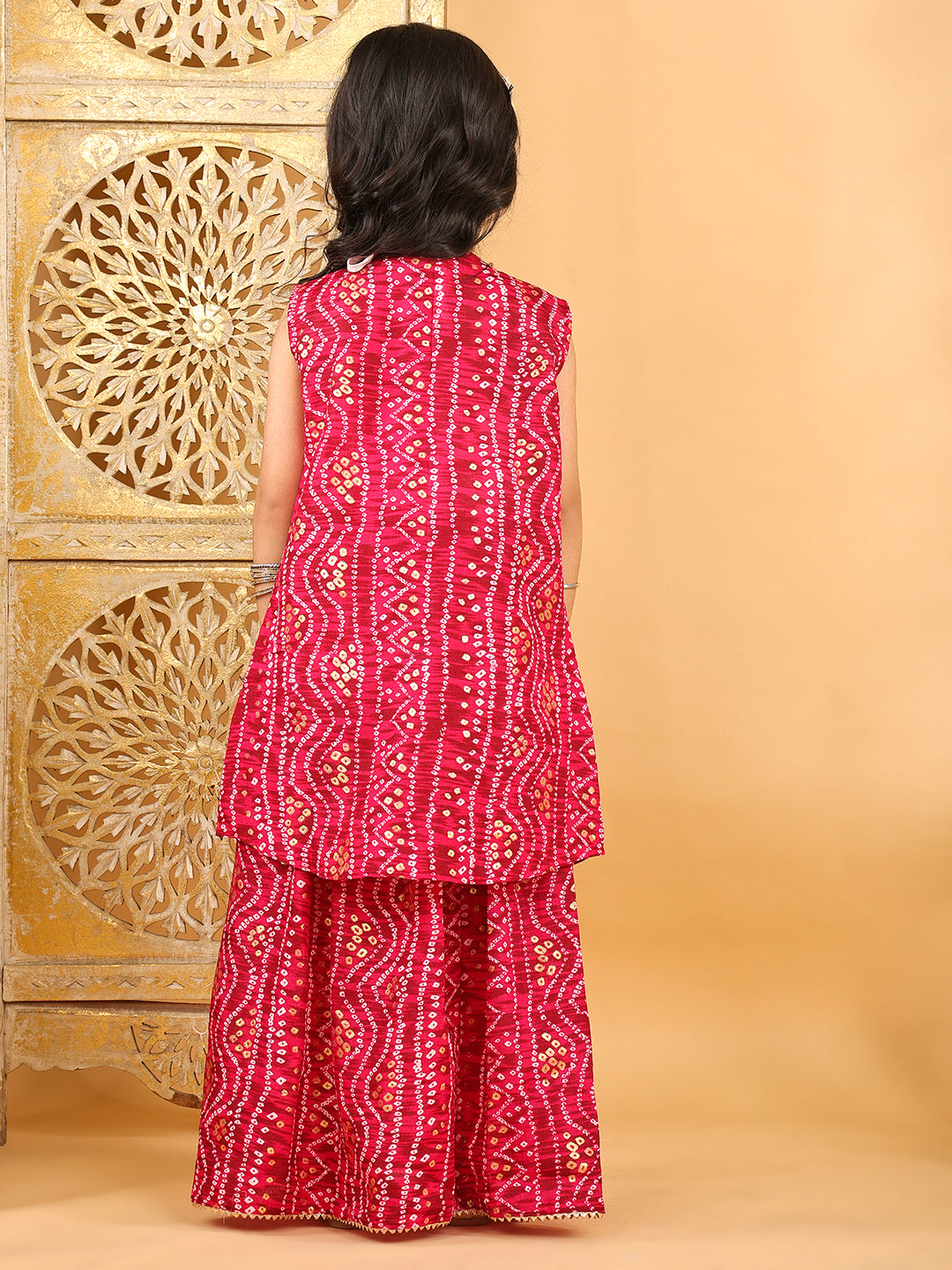 Pink bandhani  printed lehenga with mirror work top and bandhani long jacket