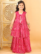 Pink bandhani  printed lehenga with mirror work top and bandhani long jacket