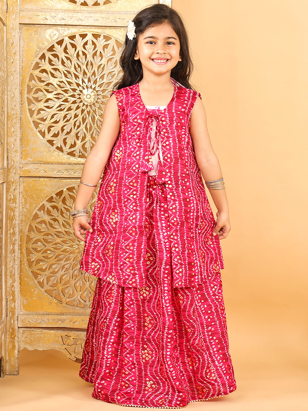 Pink bandhani  printed lehenga with mirror work top and bandhani long jacket