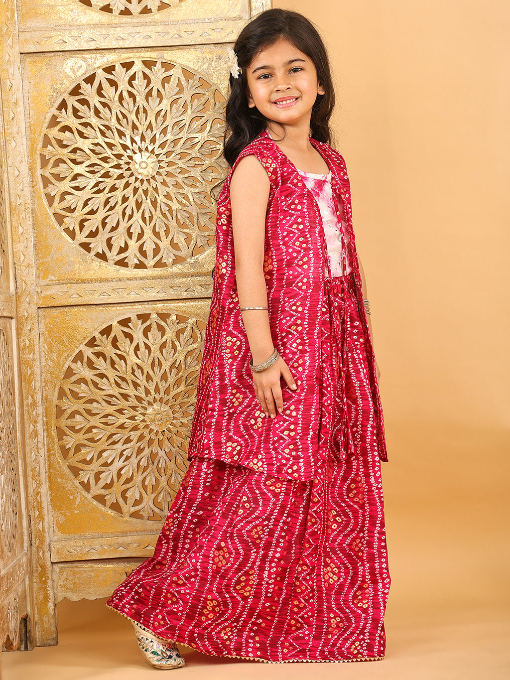 Pink bandhani  printed lehenga with mirror work top and bandhani long jacket