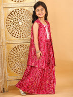 Pink bandhani  printed lehenga with mirror work top and bandhani long jacket