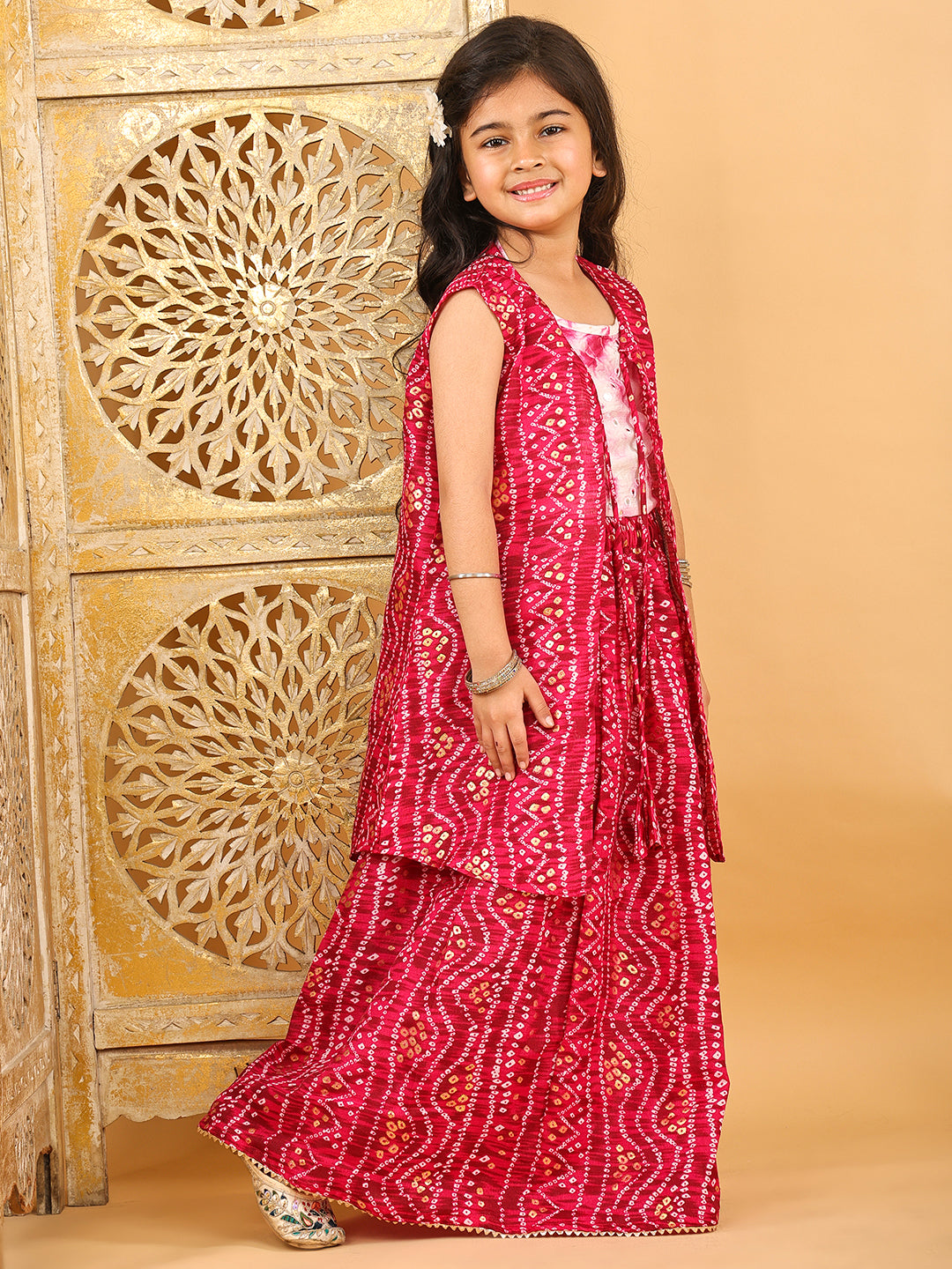 Pink bandhani  printed lehenga with mirror work top and bandhani long jacket
