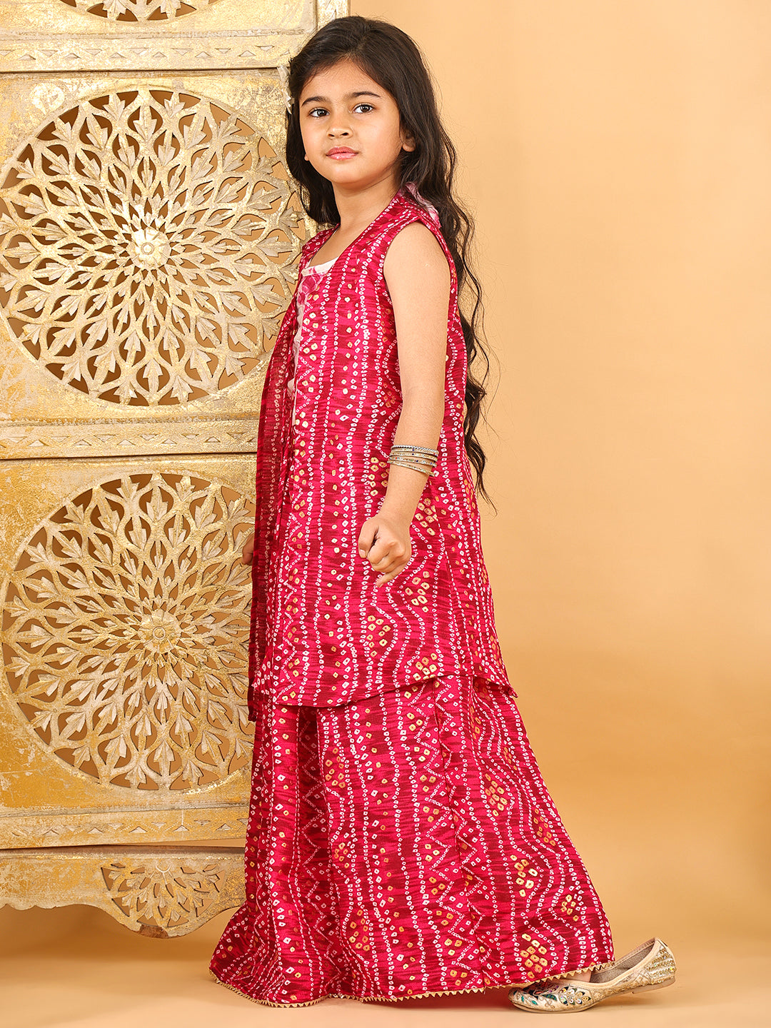 Pink bandhani  printed lehenga with mirror work top and bandhani long jacket
