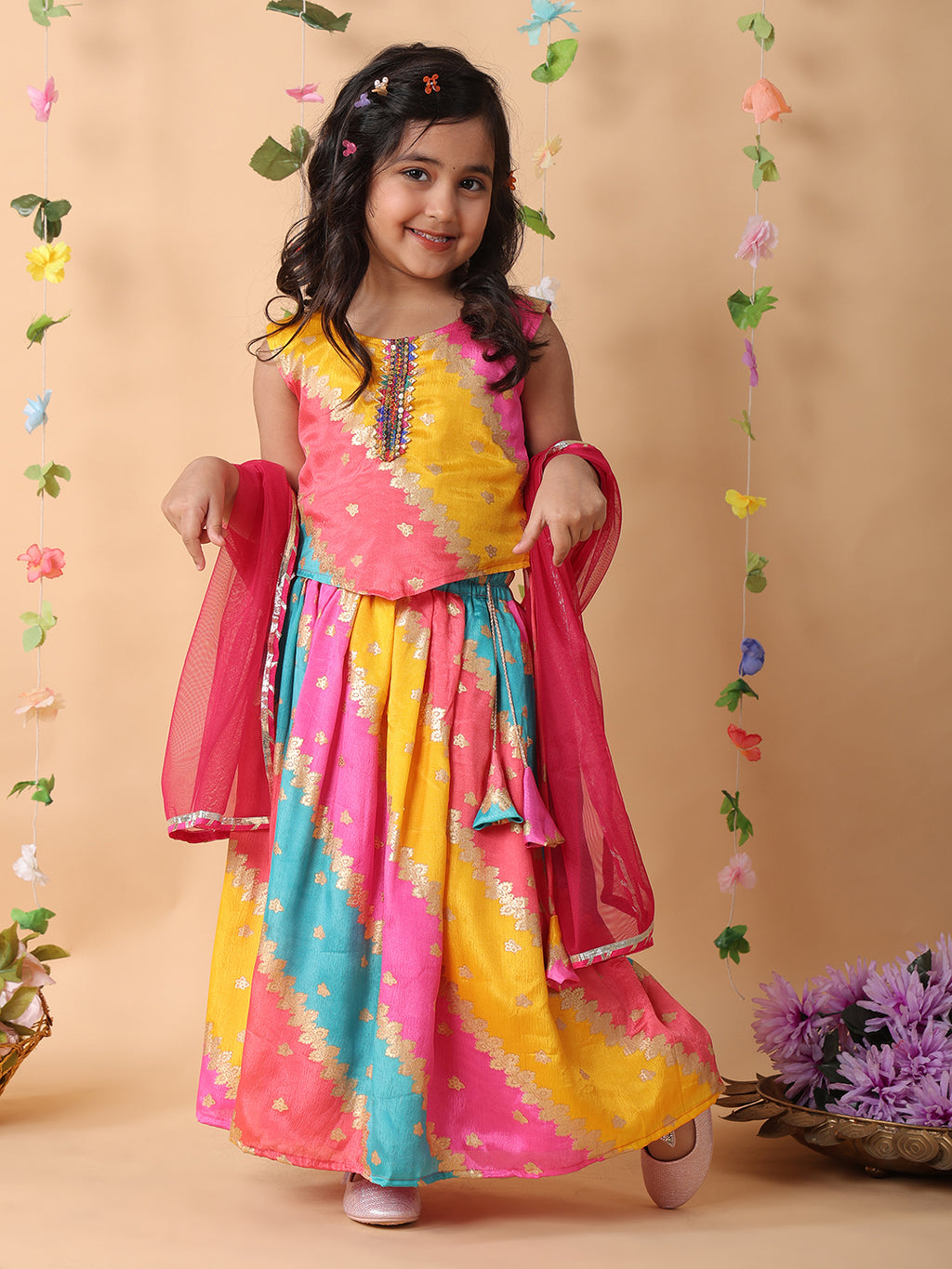 Pink printed lehenga with lace work top and dupatta