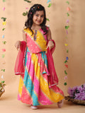 Pink printed lehenga with lace work top and dupatta