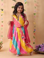 Pink printed lehenga with lace work top and dupatta