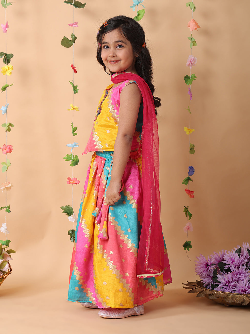 Pink printed lehenga with lace work top and dupatta