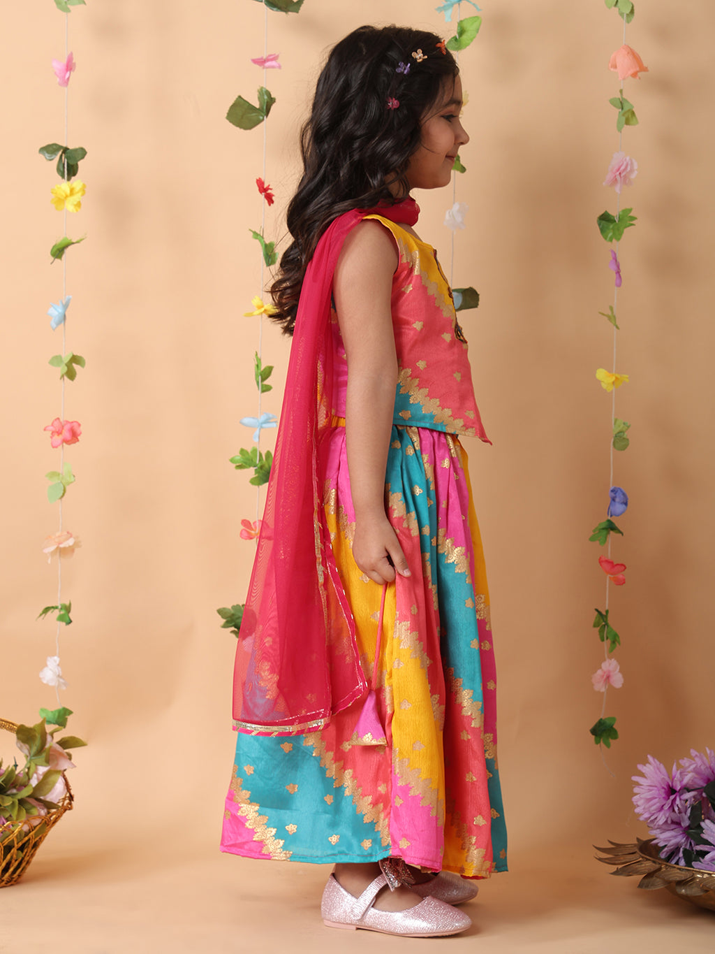 Pink printed lehenga with lace work top and dupatta