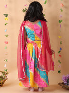 Pink printed lehenga with lace work top and dupatta