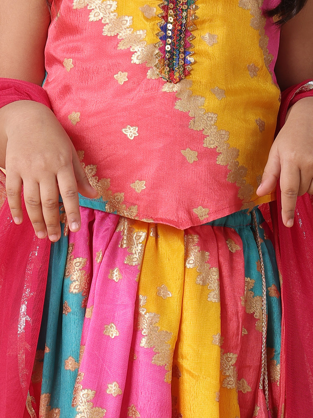Pink printed lehenga with lace work top and dupatta