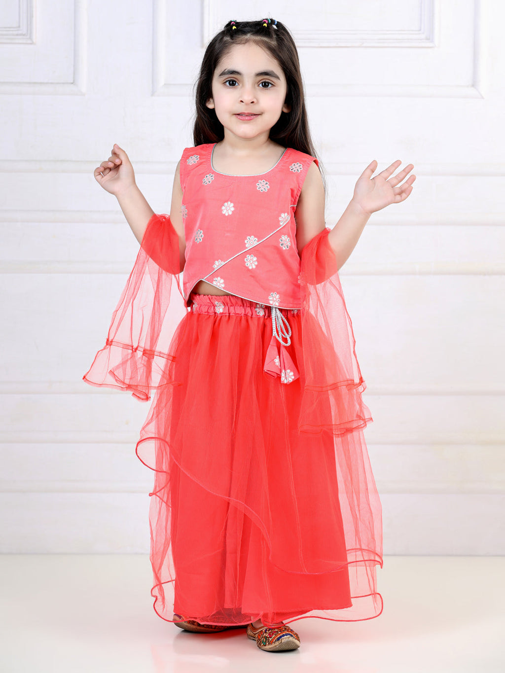 Dark Peach Floral Sequins Top with Layered Net Lehenga and dupatta