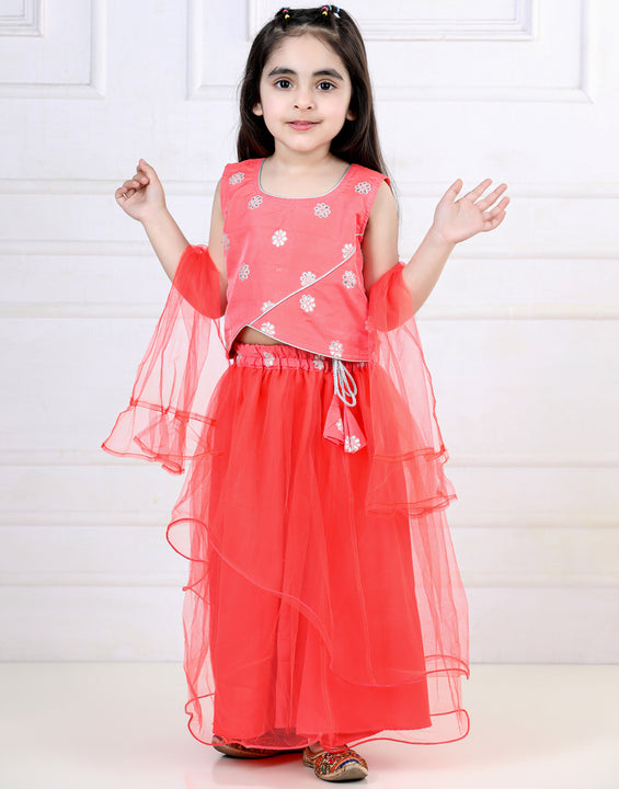 Dark Peach Floral Sequins Top with Layered Net Lehenga and dupatta