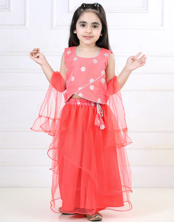 Dark Peach Floral Sequins Top with Layered Net Lehenga and dupatta