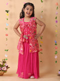 Pink crushed lehenga with embroidered top and patola long jacket