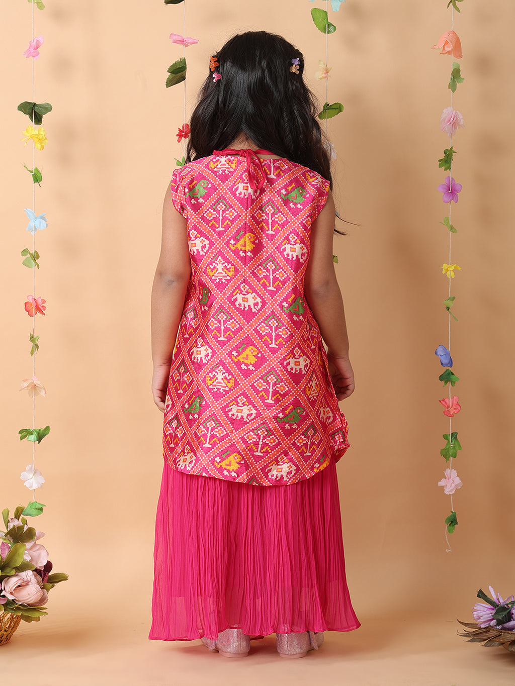 Pink crushed lehenga with embroidered top and patola long jacket
