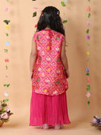 Pink crushed lehenga with embroidered top and patola long jacket