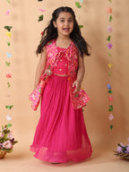 Pink crushed lehenga with embroidered top and patola long jacket