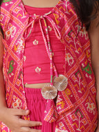 Pink crushed lehenga with embroidered top and patola long jacket