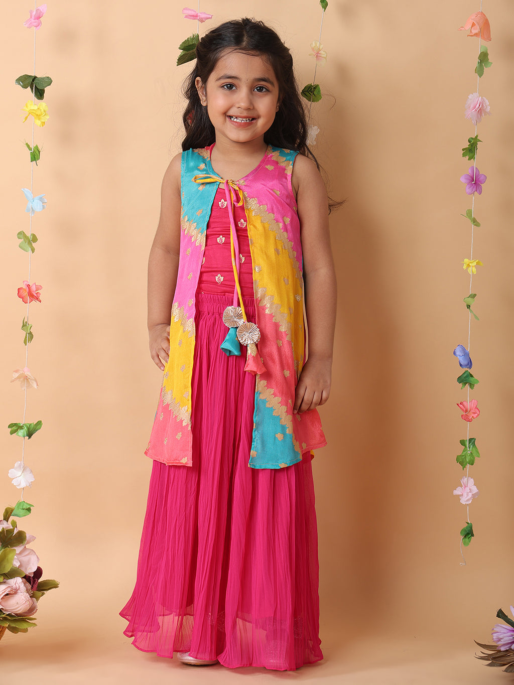 Pink crushed lehenga with embroidered top and Multi color long jacket