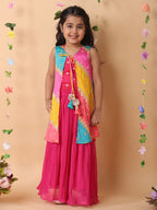 Pink crushed lehenga with embroidered top and Multi color long jacket