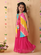 Pink crushed lehenga with embroidered top and Multi color long jacket
