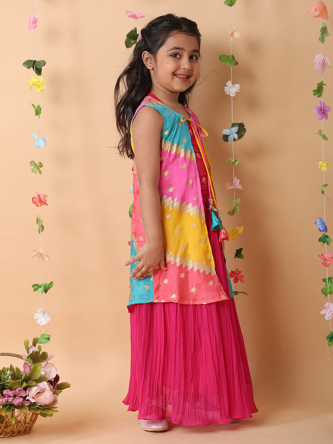 Pink crushed lehenga with embroidered top and Multi color long jacket
