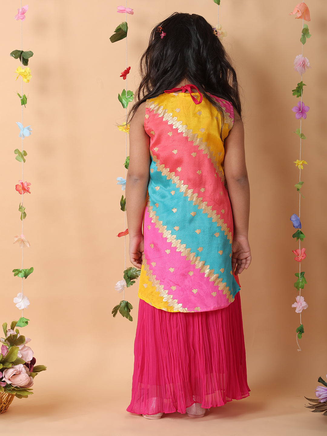 Pink crushed lehenga with embroidered top and Multi color long jacket
