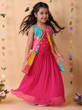 Pink crushed lehenga with embroidered top and Multi color long jacket