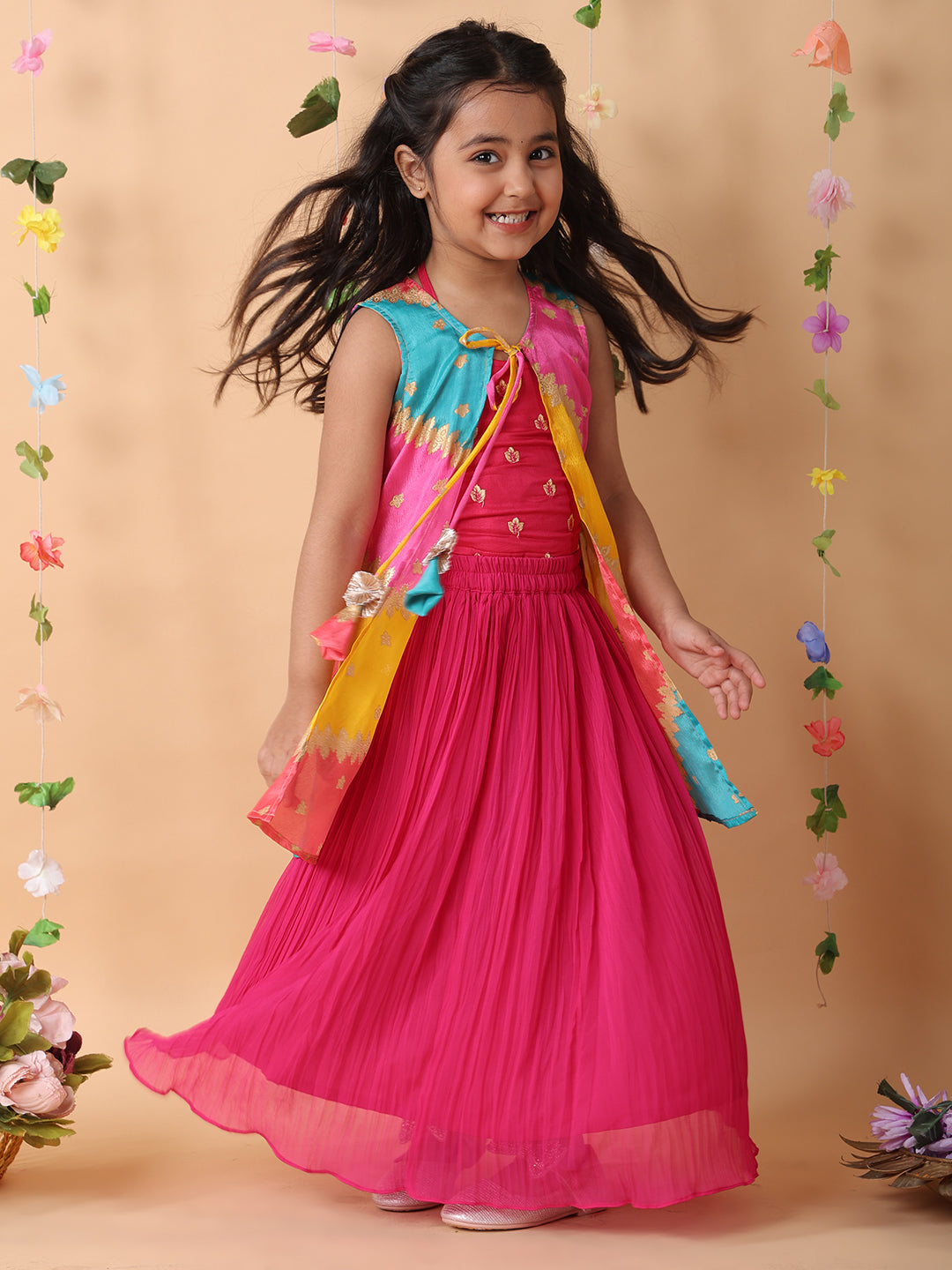 Pink crushed lehenga with embroidered top and Multi color long jacket