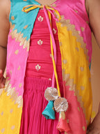 Pink crushed lehenga with embroidered top and Multi color long jacket