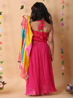 Pink crushed lehenga with embroidered top and Multi color long jacket