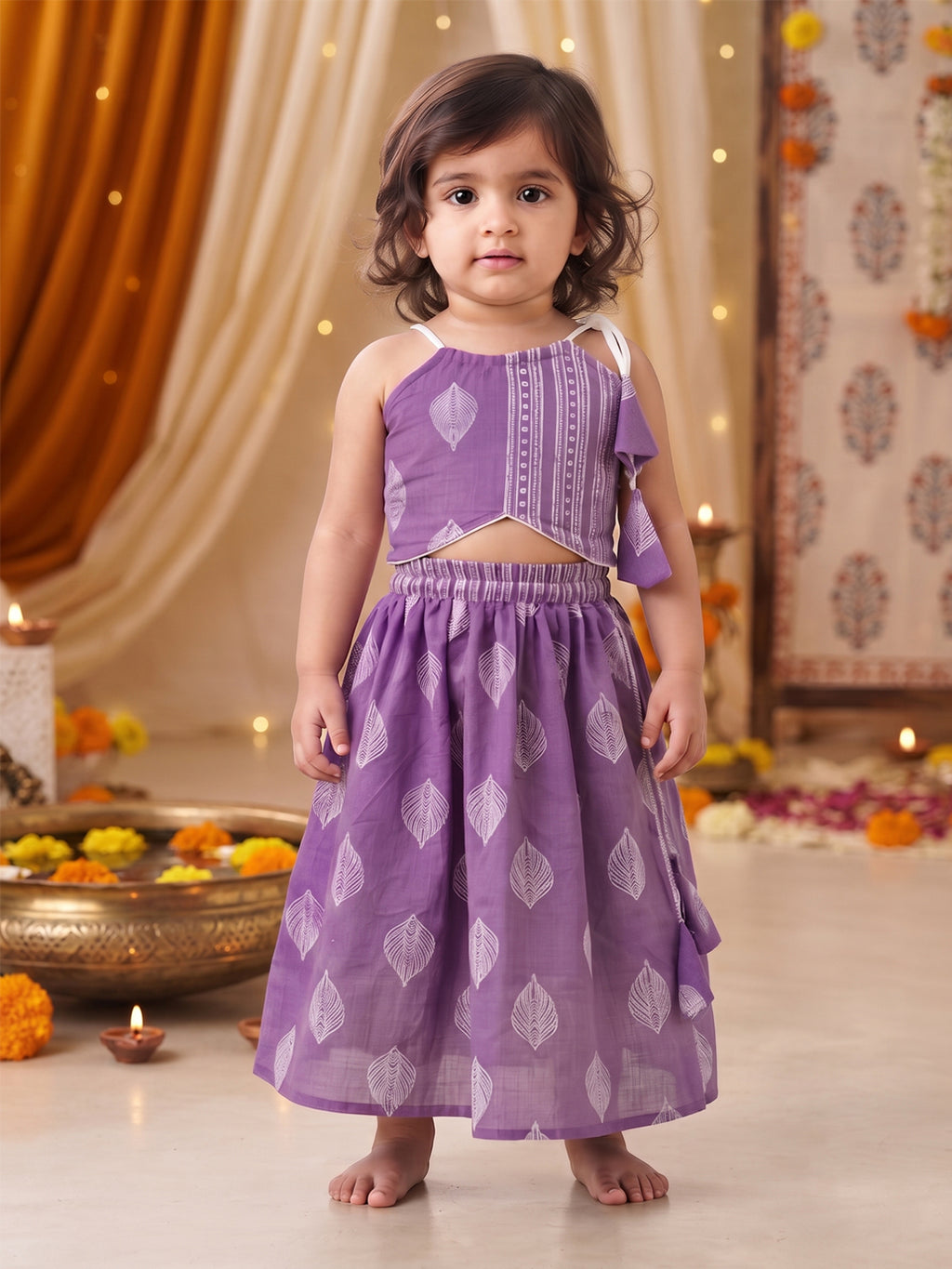 Purple printed lehenga with Halter neck Top