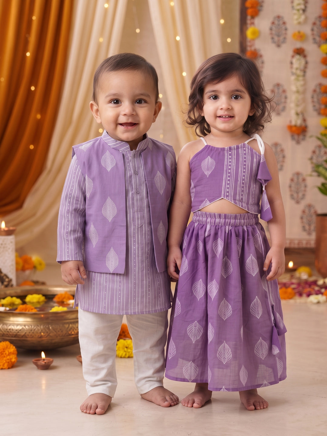 Purple printed lehenga with Halter neck Top