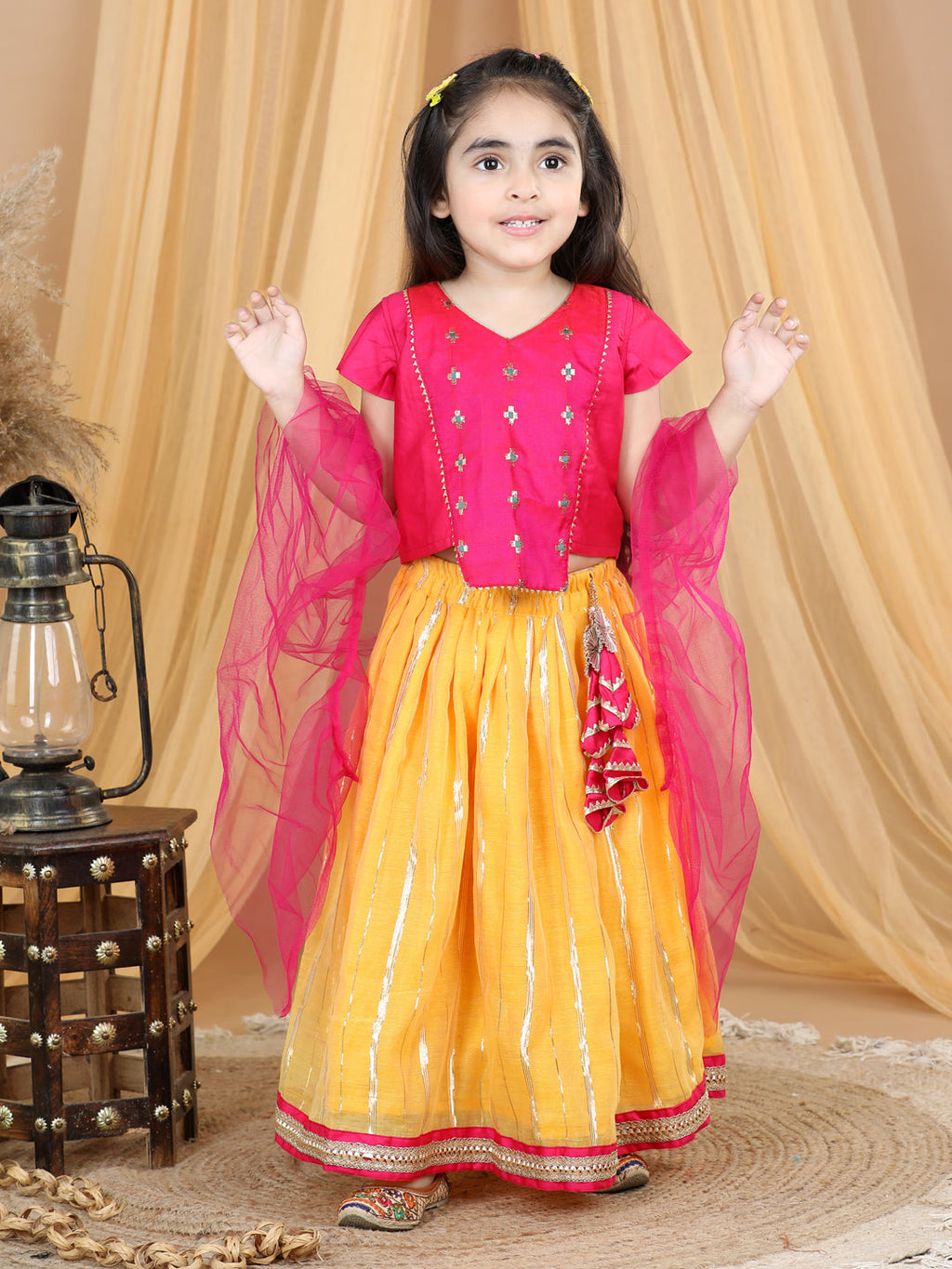 Pink Embroidered Top With Lurex Striped Lehenga & Dupatta