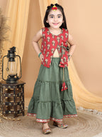 Red Floral Top With Kantha Thread Work Detailed Tiered Lehenga