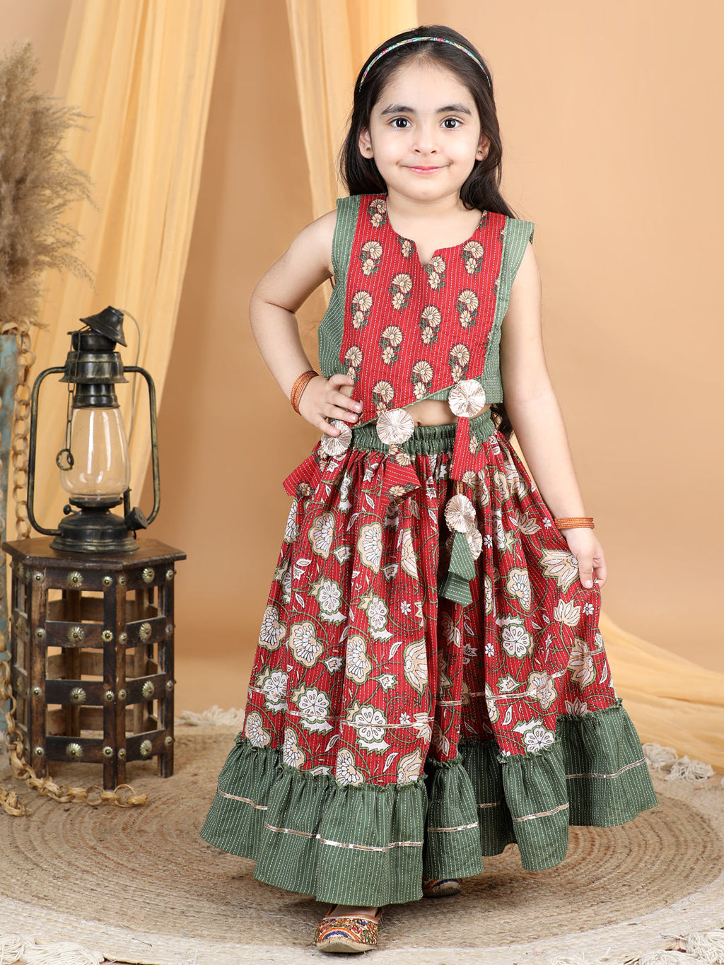 Red Floral top With Printed and Kantha Thread Work Detailed Lehenga
