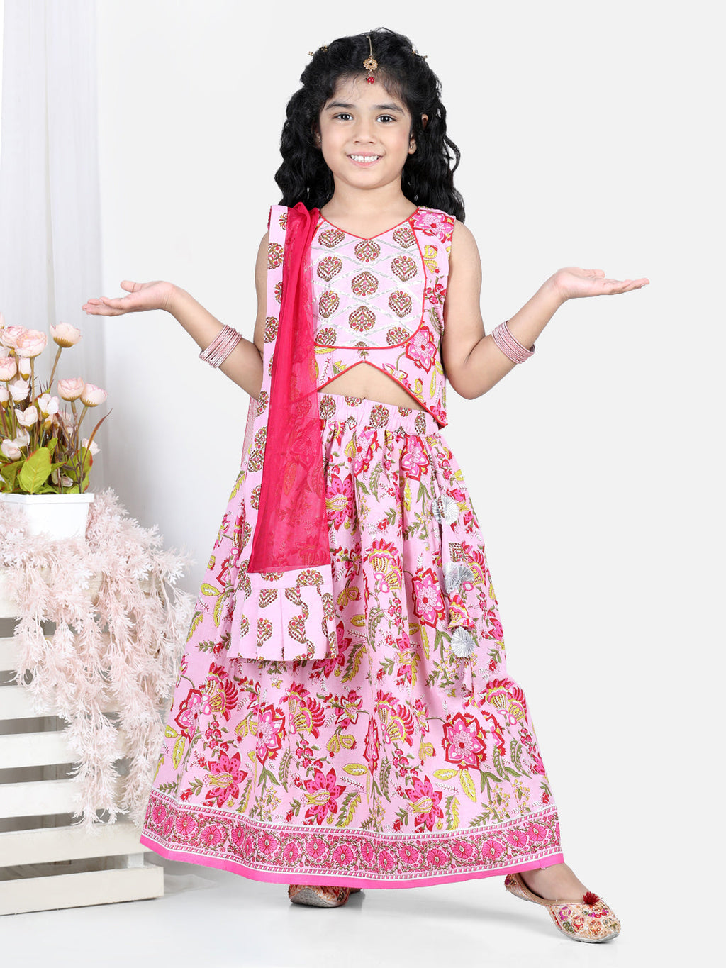 Pink floral printed top with  lehenga and dupatta