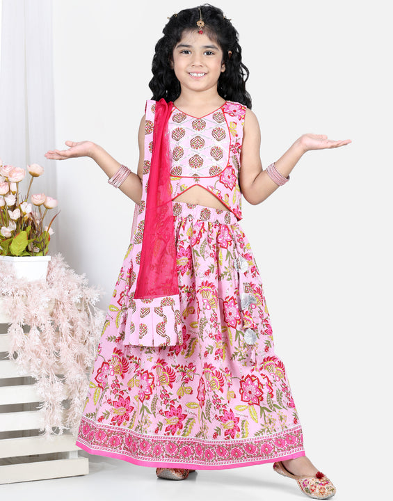 Pink floral printed top with  lehenga and dupatta