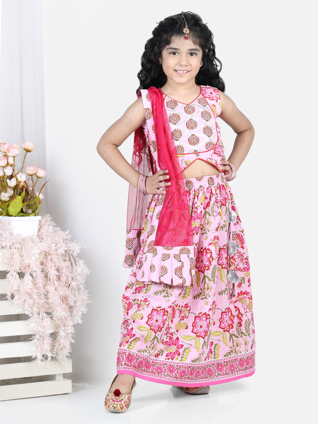 Pink floral printed top with  lehenga and dupatta