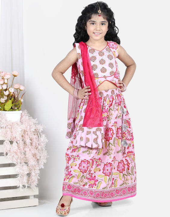 Pink floral printed top with  lehenga and dupatta