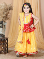 Red Cotton Leheriya Top with Foil Printed Lehenga & Dupatta