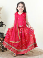 Pink Embroidered Top with gold printed lehenga and dupatta