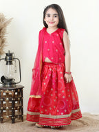 Pink Embroidered Top with gold printed lehenga and dupatta