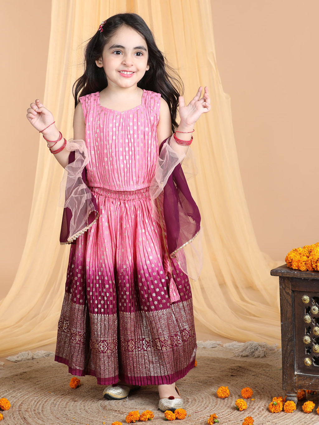 Sleeveless Embroidered Pleated Top And Lehenga