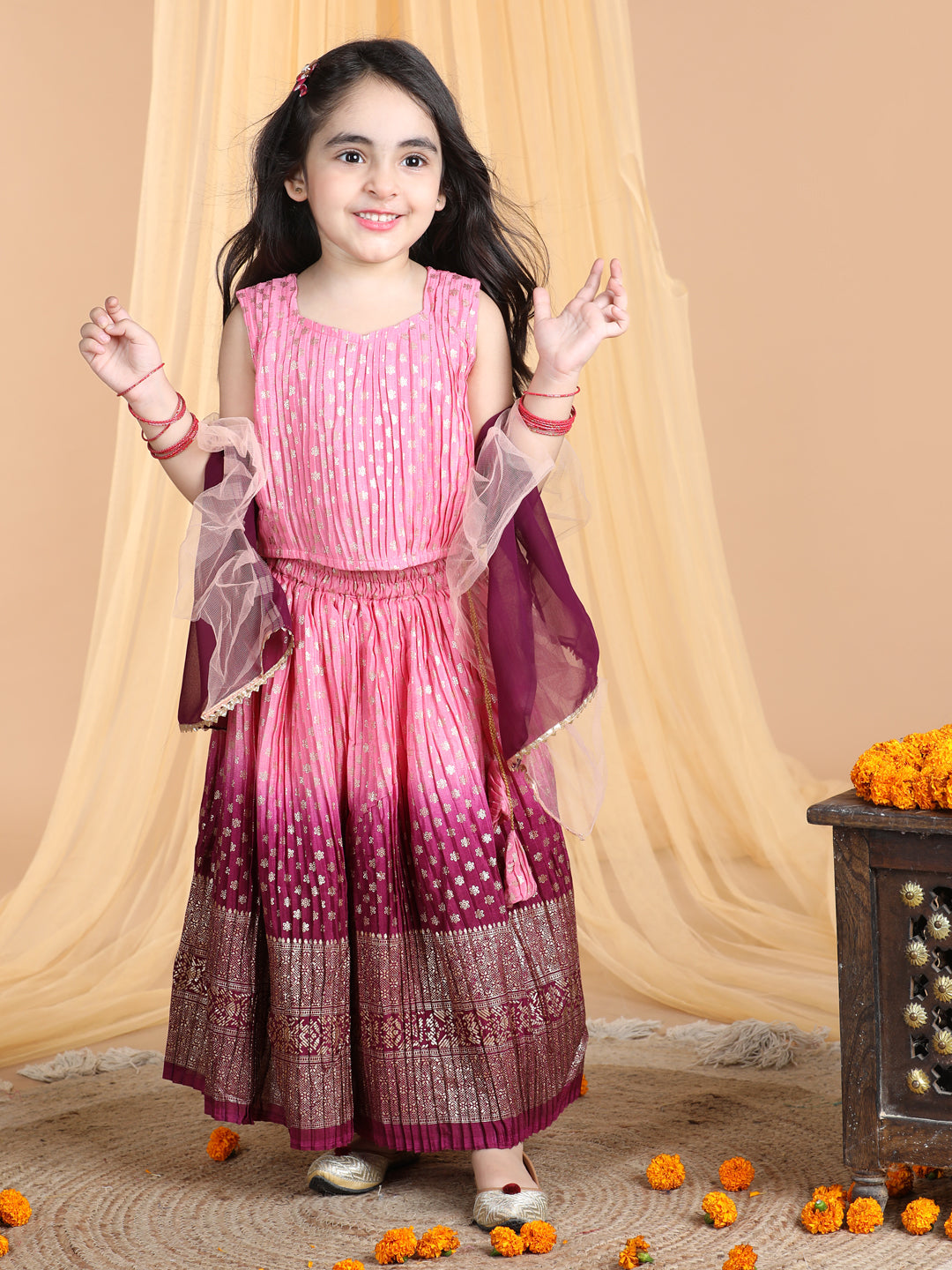 Sleeveless Embroidered Pleated Top And Lehenga