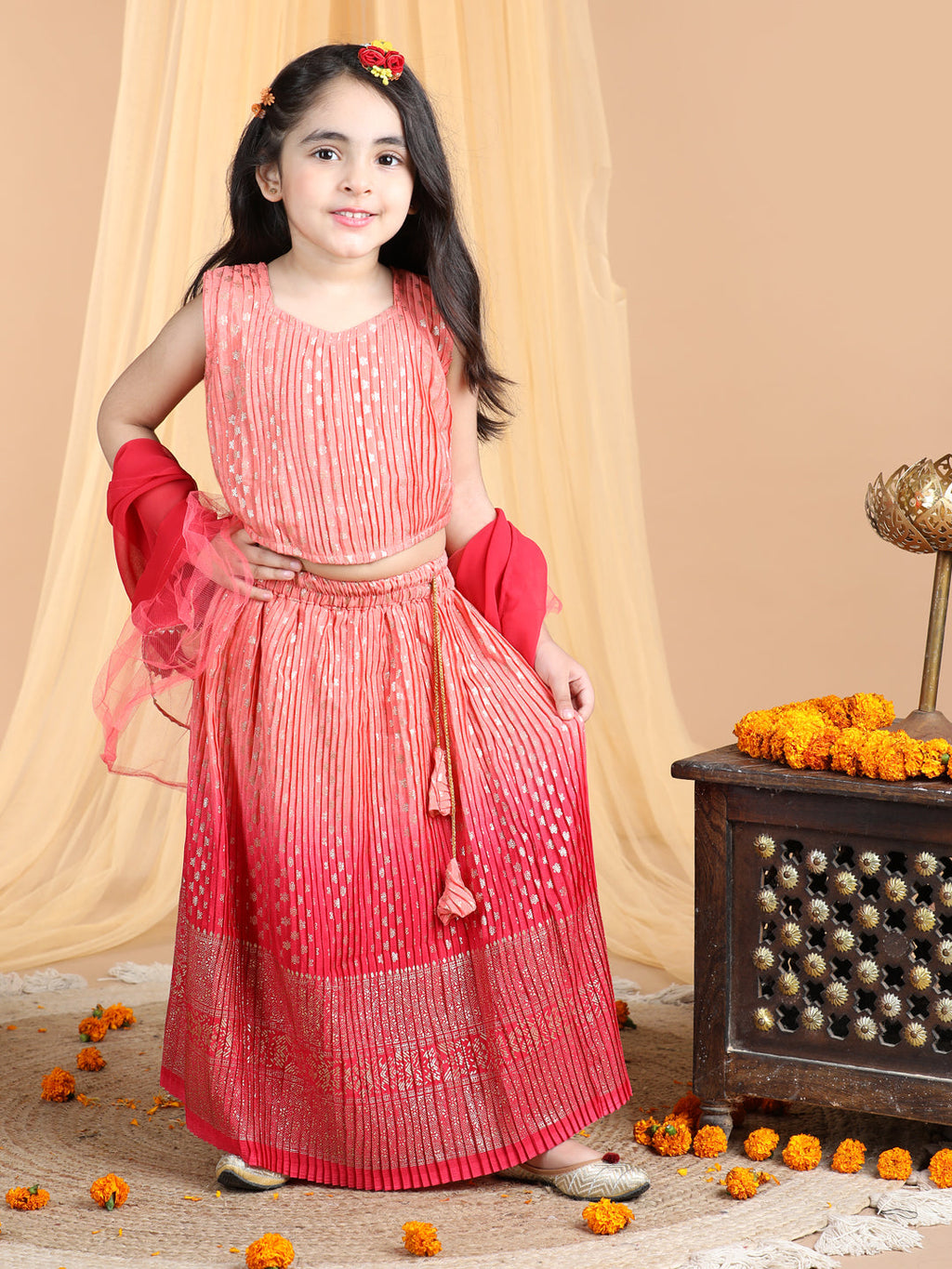 Sleeveless Embroidered Pleated Top And Lehenga